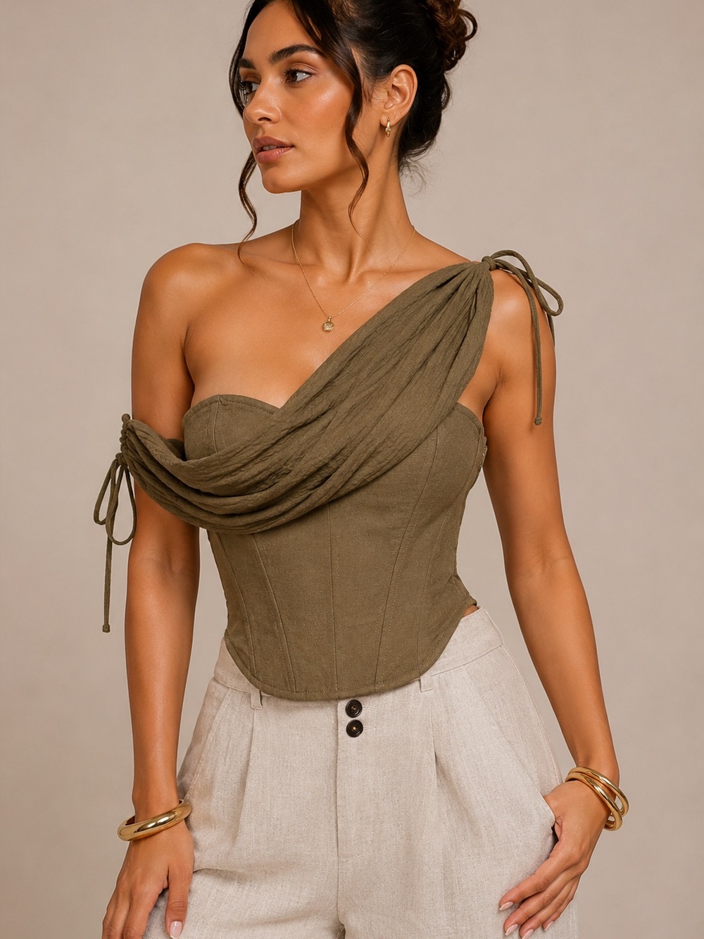 JLUXLABEL Olive New Obsession Linen Blend Corset Top Convertible Draped Scarf M